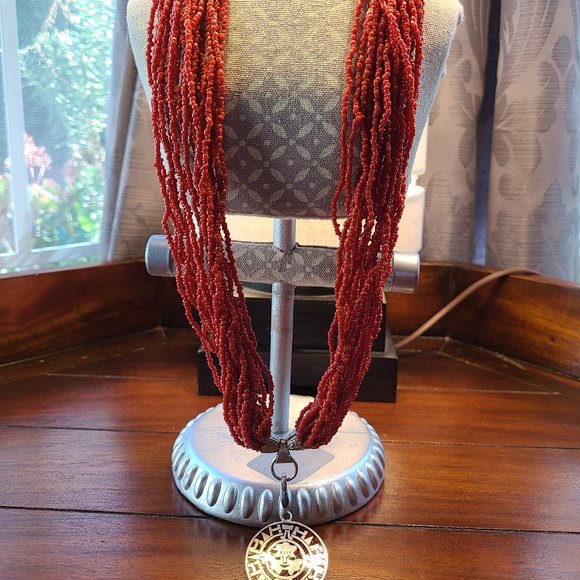 Multiple Strands Red Coral Necklace & Aztec Design Sterling Silver Pendant. - Picture 3 of 4